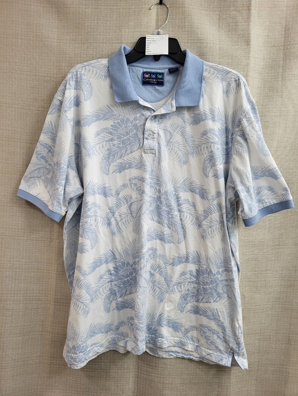 Charleston Threads Men's Polo Shirt White Blue Tropical Palm Golf Size XXL